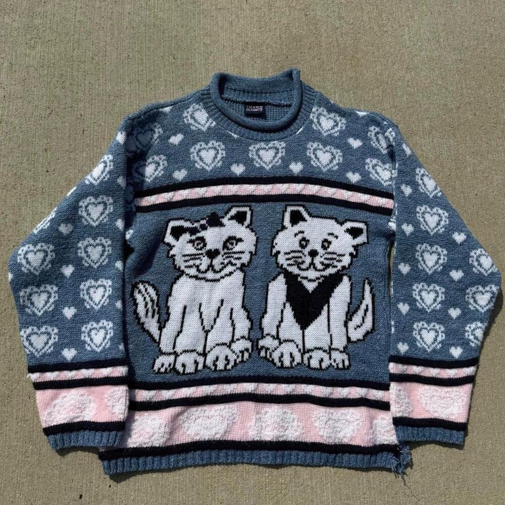 Vintage Young Classics Cats Hearts Knitted Sweater AOP Size Small